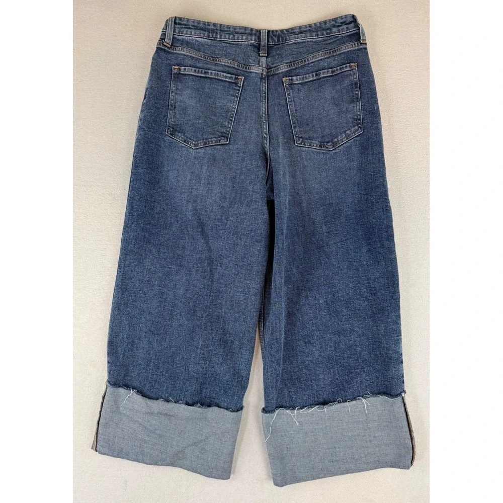 Banana Republic Wide Leg Crop Jeans Womens 31/12 Blue Raw Hem Pleated Denim